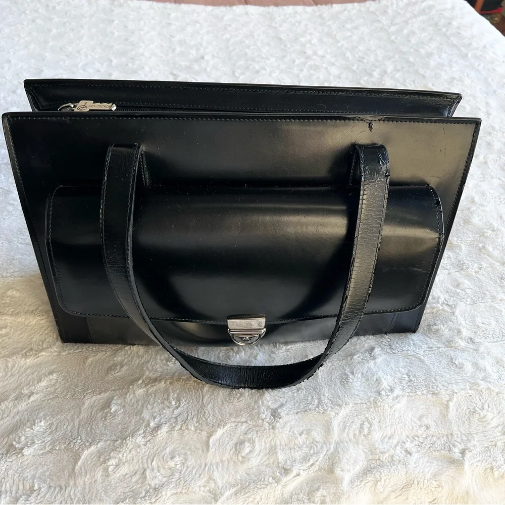 Jack Georges Bag Briefcase Womens Black Italian Leather Laptop Sleeve Zip *READ*